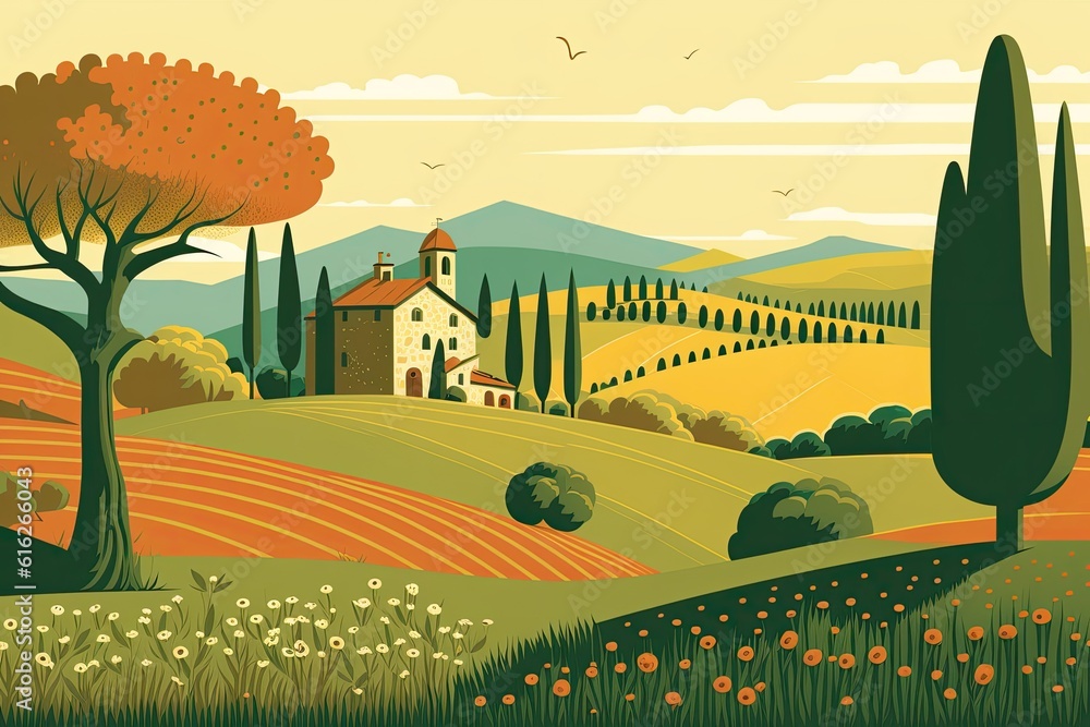 Sticker serene countryside with a distant church. Generative AI