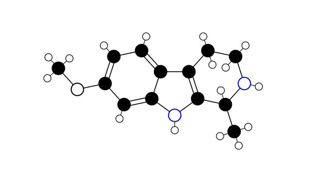 tetrahydroharmine molecule, structural chemical formula, ball-and-stick model, isolated image fluorescent indole alkaloid