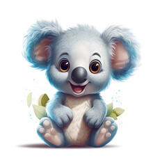 Cute little koala baby bear cartoon drawing character generative AI illustration isolated on white background. Lovely baby animals concept