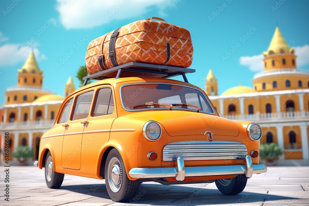 Wall mural Orange retro car with luggage on the roof ready for summer travel 3D Rendering