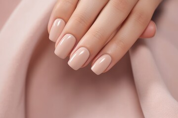 Fototapeta premium Closeup of woman hand with nude manicure. AI Generated
