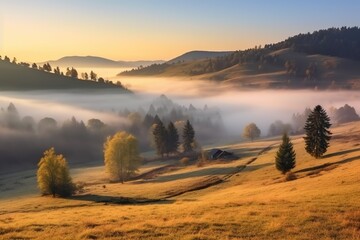 Naklejka na ściany i meble fog in the valley behind the trees on a grassy hill