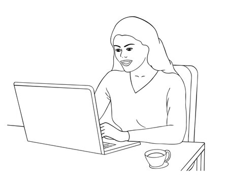 Woman sitting with computer laptop working in flat design vector illustration with white background.