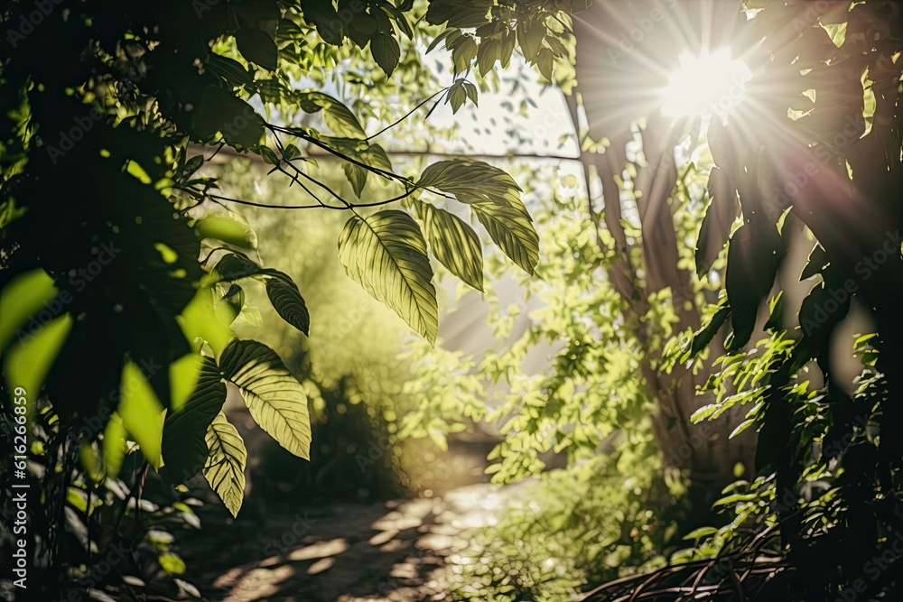 Aufkleber sunlight filtering through the green foliage of a tree. generative ai
