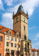 Fototapeta na wymiar City Hall tower with Astronomical clock on Old Town square, Prague, Czech Republic