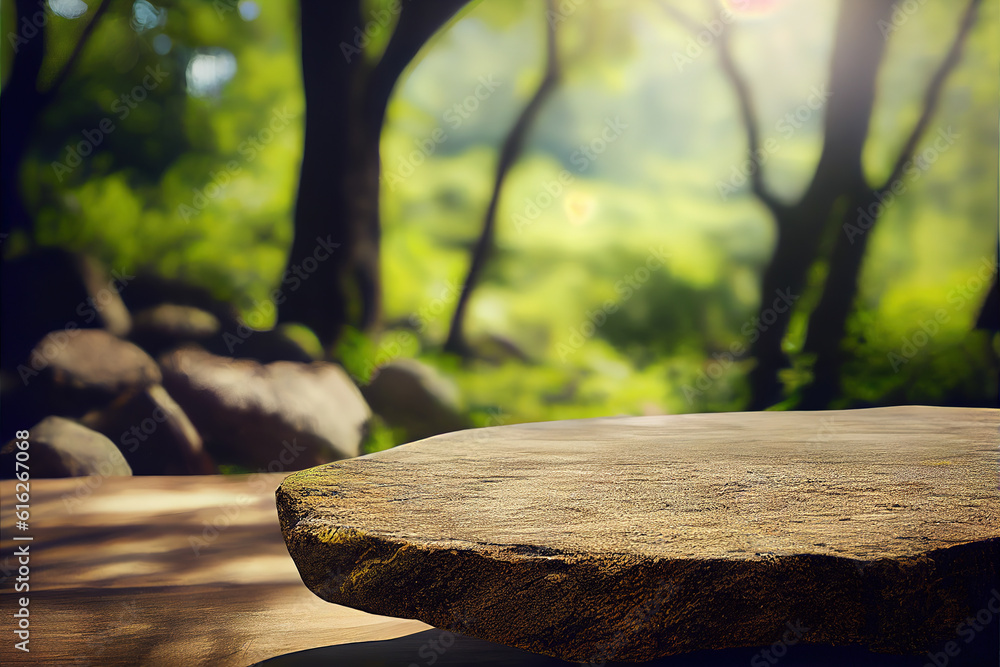 Poster empty stone table for product advertising display in fresh green jungle blur background . admirable 