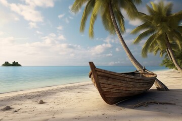Naklejka na ściany i meble Stranded wooden boat on the beach under the palm