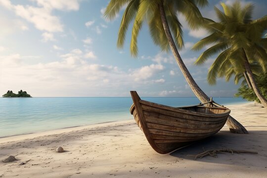 Stranded wooden boat on the beach under the palm