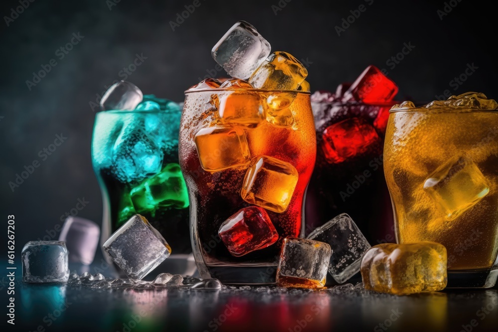 Poster various colorful beverages arranged in a row on a table. generative ai