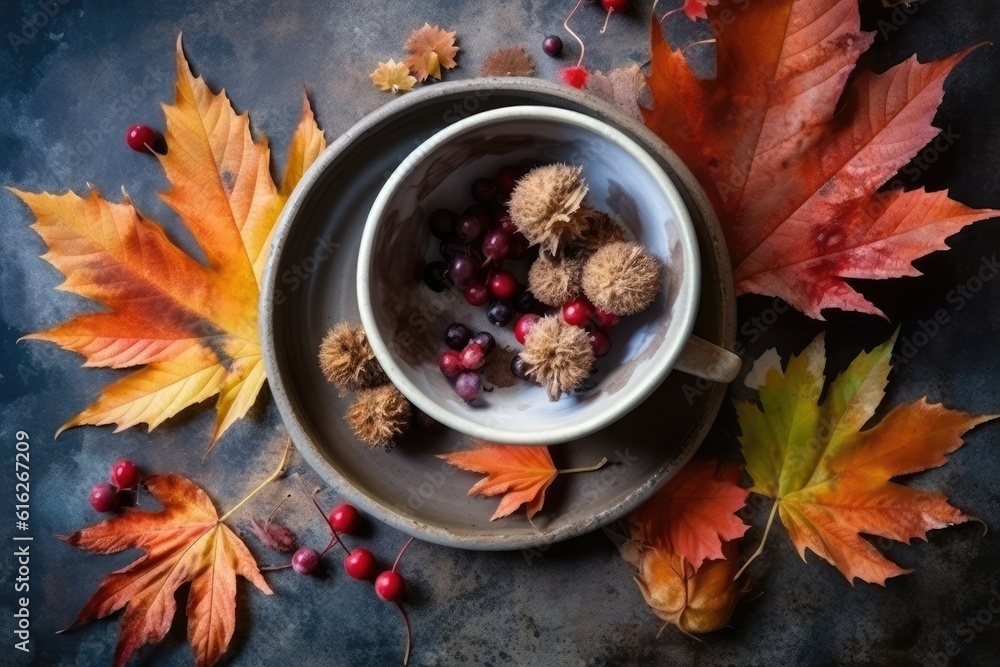 Sticker fruit bowl with assorted berries and leaves on a wooden table