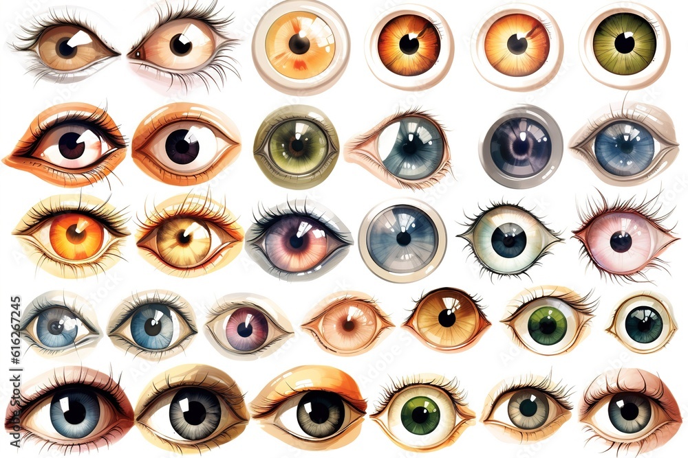 Poster set of drawn eyes isolated on white background. Generated by AI.