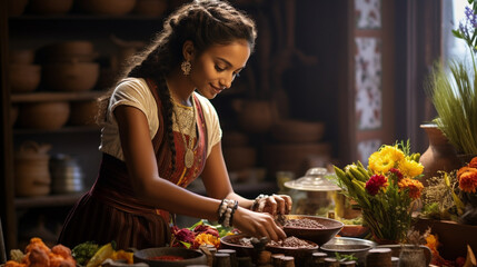 A young ethnic girl wearing a vibrant traditional outfit, skillfully preparing ingredients in a beautifully decorated kitchen Generative AI