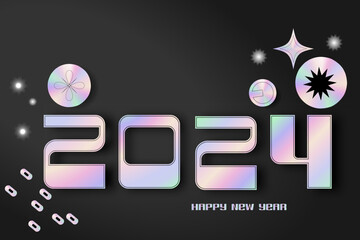2024 happy new year banner with hologram rainbow. Holographic abstract deasign