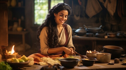 An elegant ethnic girl in a traditional attire, joyfully cooking a delicious meal in a rustic kitchen with antique utensils Generative AI