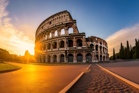 The Roman colosseum at sunset in Rome, Italy