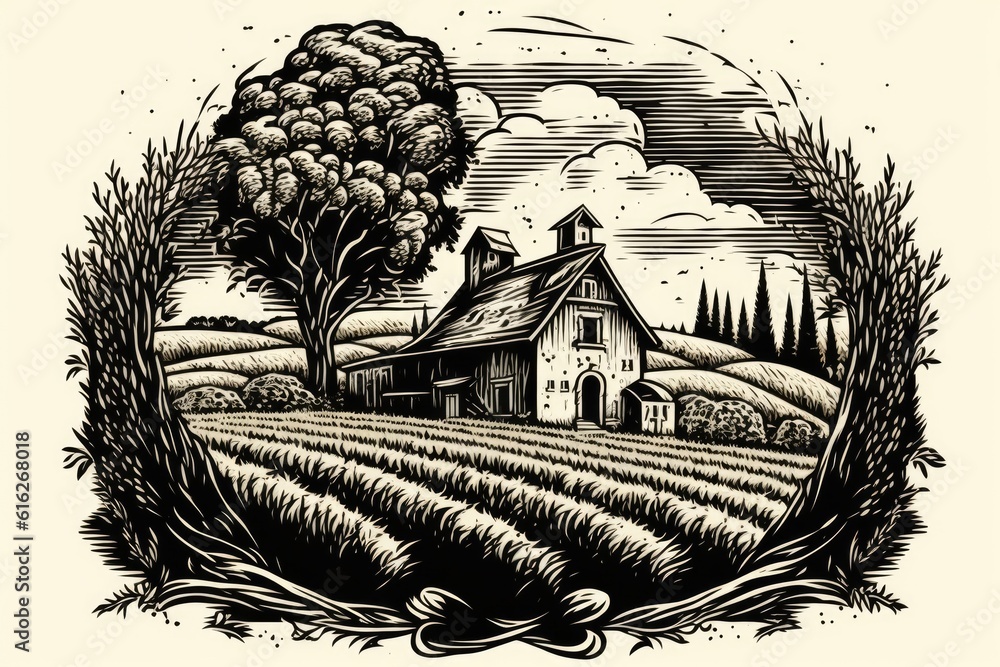 Poster rustic farm house in a monochromatic palette. generative ai
