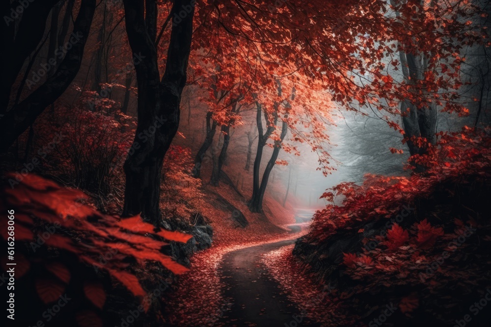 Poster serene forest path with dappled sunlight filtering through the trees. generative ai