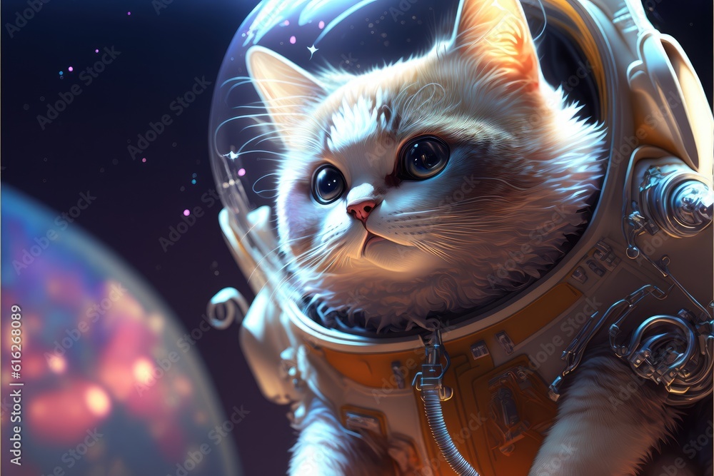 Poster astronaut cat floating in space with stars and galaxy background outer space. finest generative ai.