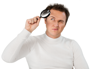 Portrait of young businessman with magnifying glass in white sweater with hairstyle isolated on white background