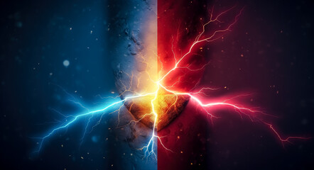 Fototapeta na wymiar Blue vs red lightning bright background.