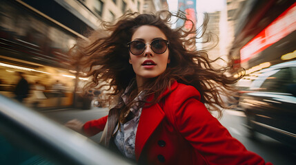 Fototapeta na wymiar Woman with broun hair, sunglasses and a red coat in motion on urban street.