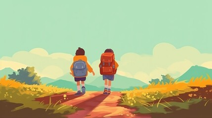 
Children go hand in hand with school backpacks and a knapsack. Walk to school along the path. Horizontal, Place for text. generative AI