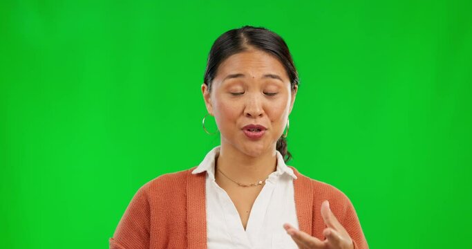 Face, wave and woman in video call on green screen isolated on a studio background mockup. Portrait, hello and person talking in virtual chat, webinar or online meeting, communication and happiness.