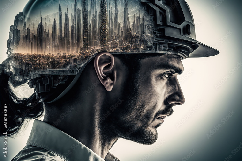 Poster civil engineer portrait as concept for building construct by professional with hardhat helmet engine