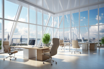 Modern office with beautiful light-filled interior, panoramic windows and elegant lighting -  AI Generated