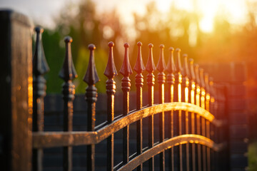 Picture of a beautiful decorative wrought iron fence. Metal fence close-up