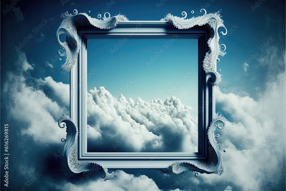 Poster frame isolated on white cloud background in the sky in square shape. concept of luxurious fantasy. f