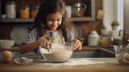 A young ethnic girl passionately whisking eggs in a stainless steel bowl, creating a fluffy batter for a delectable dessert Generative AI
