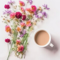 Summer greeting card, invitation mockup. Garden and wild meadow flowers. Floral banner and cup of coffee. Plants isolated on white table background. Flat lay created with Generative AI