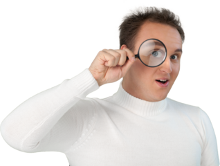 Portrait of young businessman with magnifying glass in white sweater with hairstyle isolated on white background