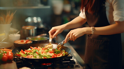 An ethnic girl skillfully seasoning a sizzling pan of stir-fried vegetables, filling the kitchen with enticing aromas Generative AI