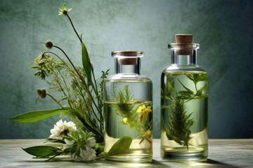 Jars with tinctures of medicinal herbs. Alternative medicine