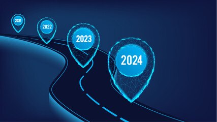  Navigation concept. Logistic concept.  New Year 2024. Road with polygonal  pointers.