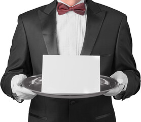 Man in elegance tuxedo suit with tie holds plate and card