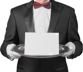 Man in elegance tuxedo suit with tie holds plate and card