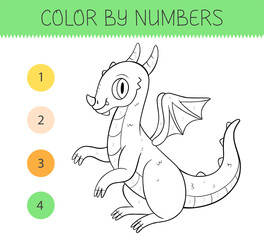 Color by numbers coloring book for kids with cute dragon. Coloring page with cartoon dragon. Monochrome black and white.