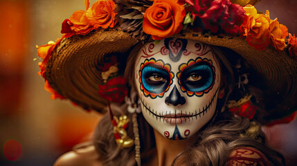 Day of the dead, Dia de los Muertos and halloween skull mask concept, generative ai