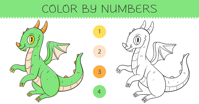 Color by numbers coloring book for kids with cute dragon. Coloring page with cartoon dragon with an example for coloring. Monochrome and color versions.