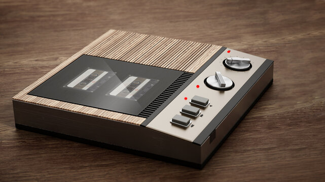Vintage answering machine standing on wooden table. 3D illustration