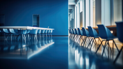 Minimalist Lit Conference Room in Shades of Blue, AI generated
