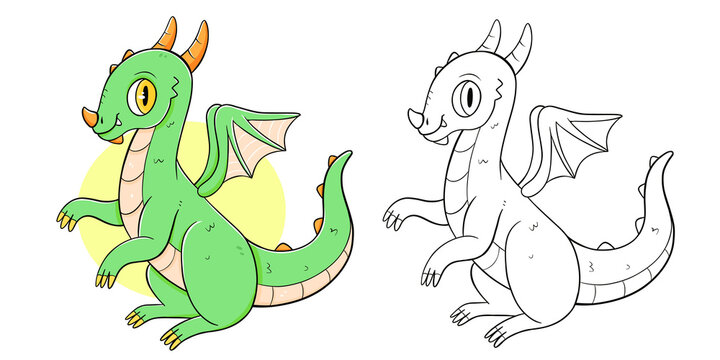 Dragon coloring book with coloring example for kids. Coloring page with dragon. Monochrome and color version. children's illustration.