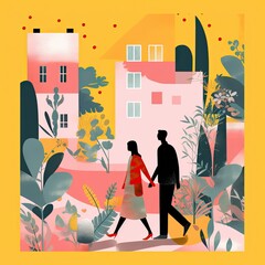 Couple walking through bright abstract garden city