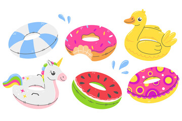 Set circles for swimming in a flat style. Rubber rings, inflatable ring collection. Unicorn, watermelon, duck, donut.