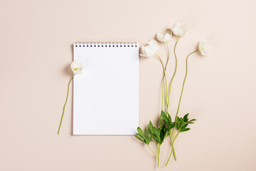 Anemone flowers, notebook blank mockup,  copy space.