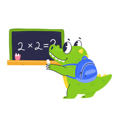 Cute character crocodile schoolboy writes on the blackboard. Cartoon flat baby crocodile with backpack. Elementary school illustration.