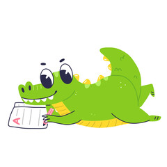 Cute crocodile character writes in a notebook. Cartoon flat baby crocodile is reading a book. isolated illustration.
